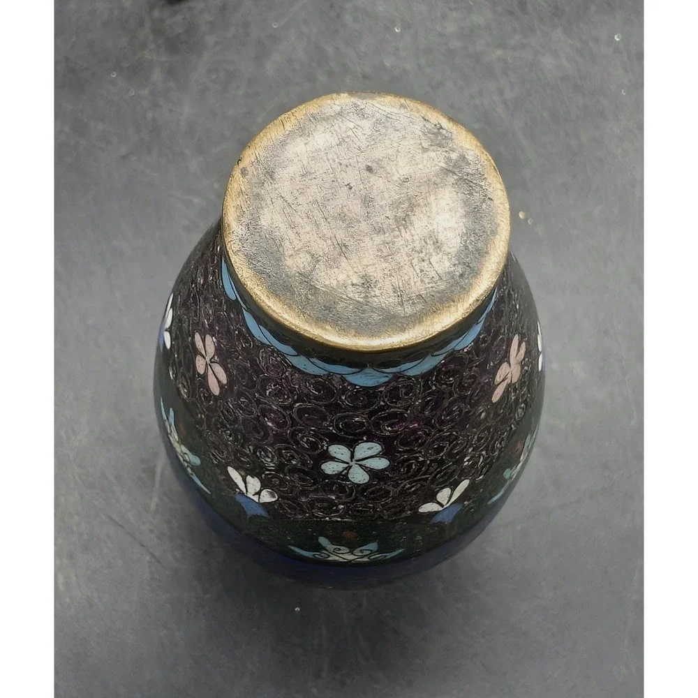 Antique Japanese Cloisonne Enamel Miniature Vase Blue Green Floral 3